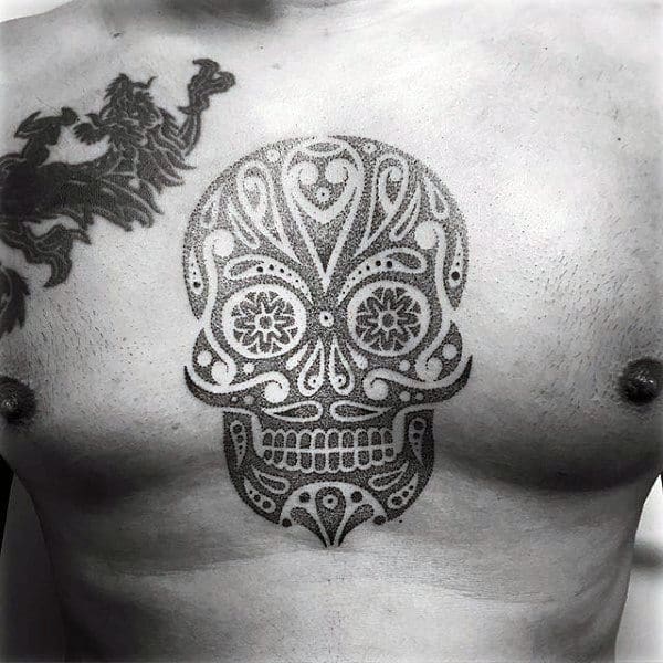 Cool Sugar Skull Tattoo Designs For Men On Chest