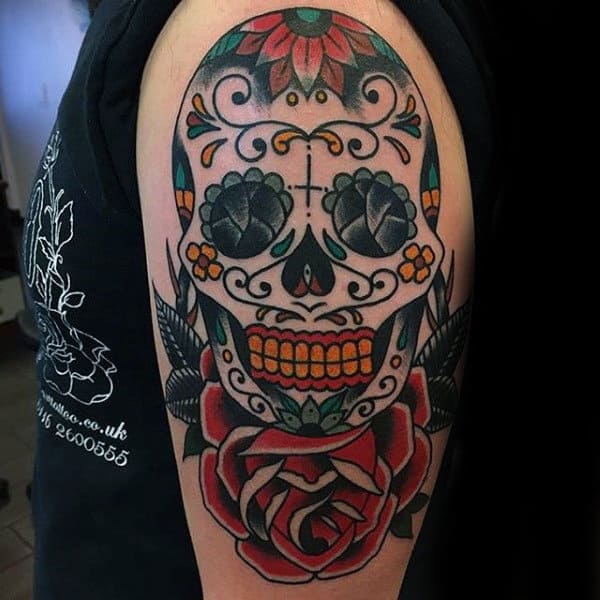 Cool Sugar Skull Tattoos For Guys On Upper Arm With Red Rose Flower