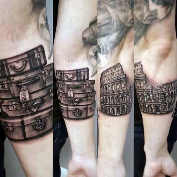 Cool Suitcase Travel Tattoo Ideas For Men Quarter Sleeve Design