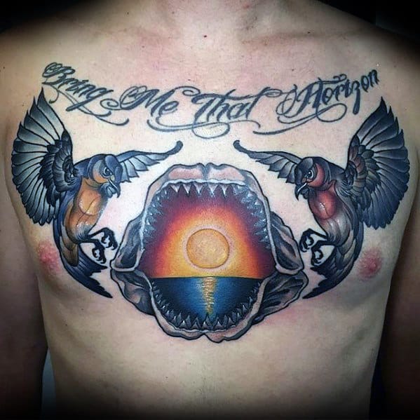 Cool Sunset Over Ocean Shark Jaw Mens Upper Chest Tattoos