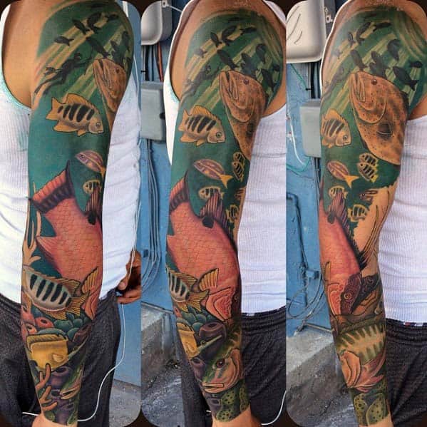 Cool Swimming Fish Ocean Male Sleeve Tattoo Designs