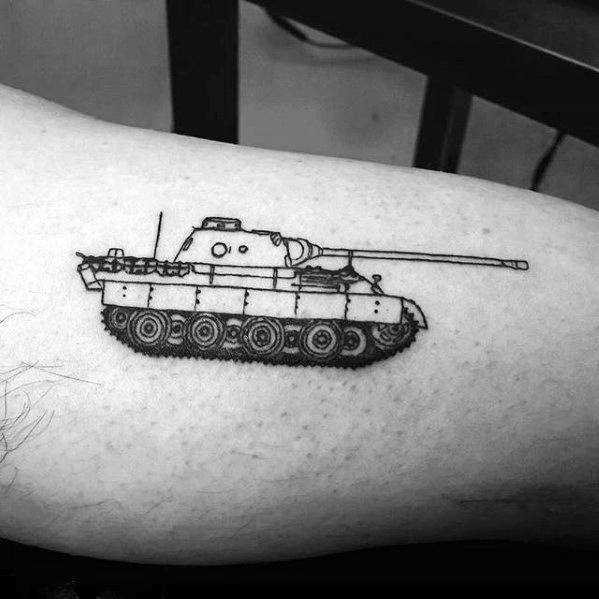 Minimalist black ink tank tattoo with clean, fine linework showing a side profile of a detailed military vehicle.