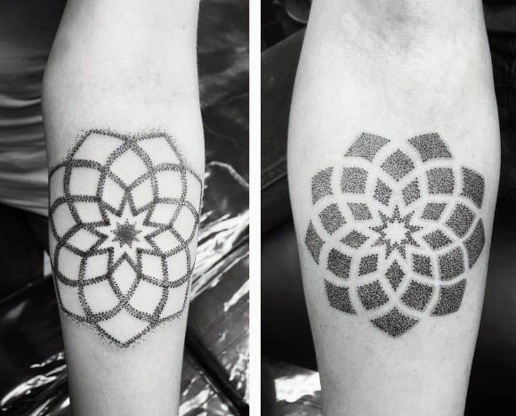 Matching geometric flower tattoos, one with a dotwork outline and the other filled in, symbolizing unity through contrast and connection.