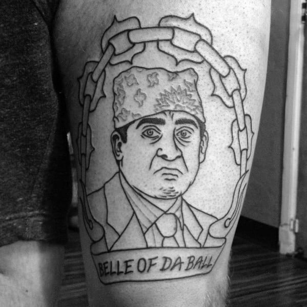 Black and white tattoo of Kevin Malone from The Office wearing a tissue box hat, with "Belle of Da Ball" written below.