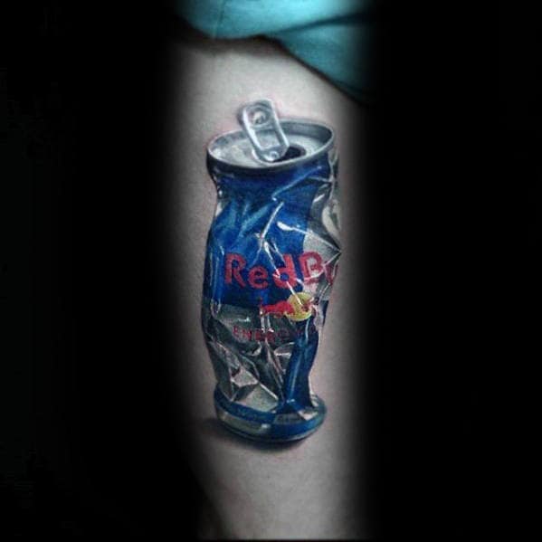 Cool Thigh Hyper Realistic Red Bull Can Mens Tattoo Ideas