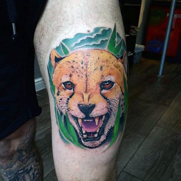Cool Thigh Leopard Tattoos For Guys