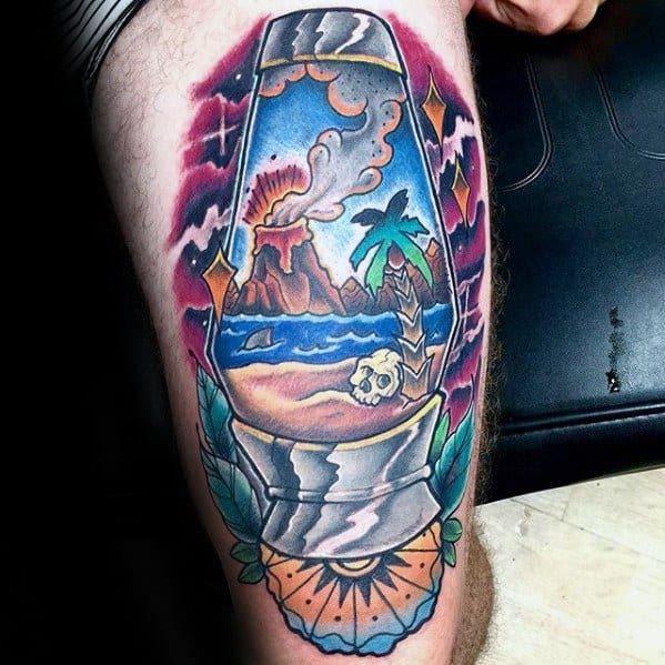 Cool Thigh Tropical Volcano Tattoo Design Ideas For Male
