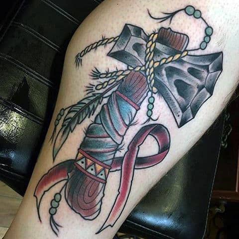Cool Tomahawk Ribbon Tattoo For Men On Leg