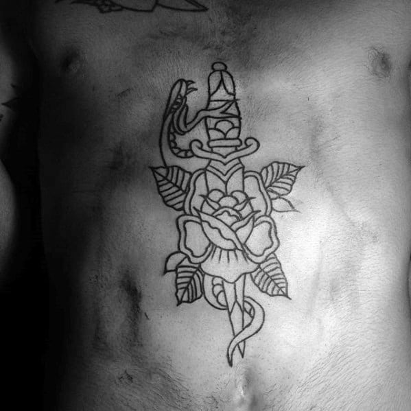 Cool Traditional Dagger Through Rose With Snake Guys Chest Tattoo