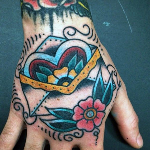Cool Traditional Envelope Flower Mens Hand Tattoos