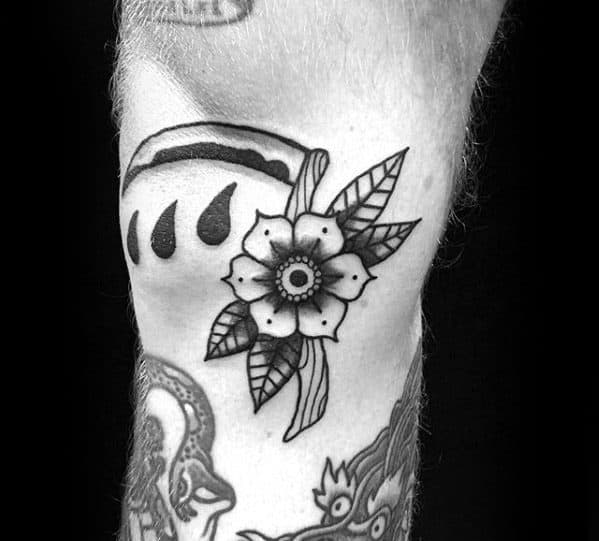 Cool Traditional Flower Scythe Side Of Leg Tattoo Design Ideas For Male