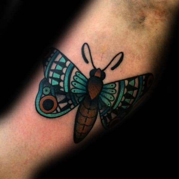 Cool Traditional Guys Inner Arm Bicep Moth Tattoo Designs