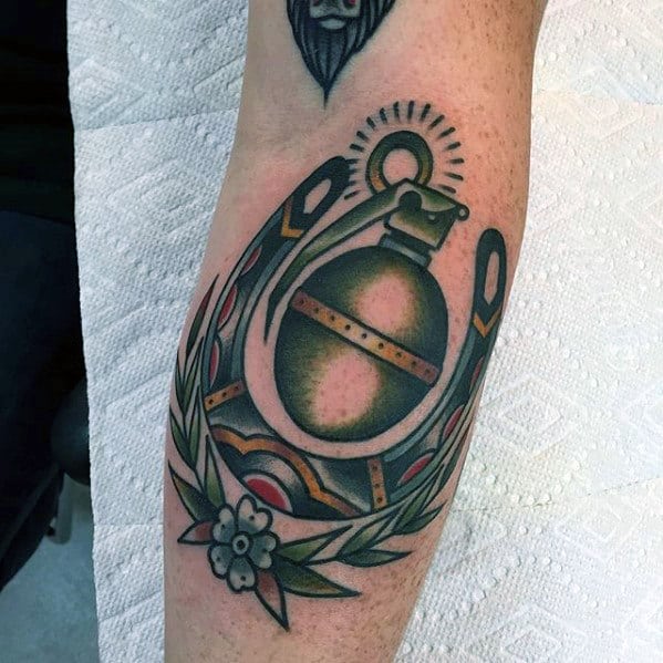 Cool Traditional Horseshoe Grenade Mens Forearm Tattoo