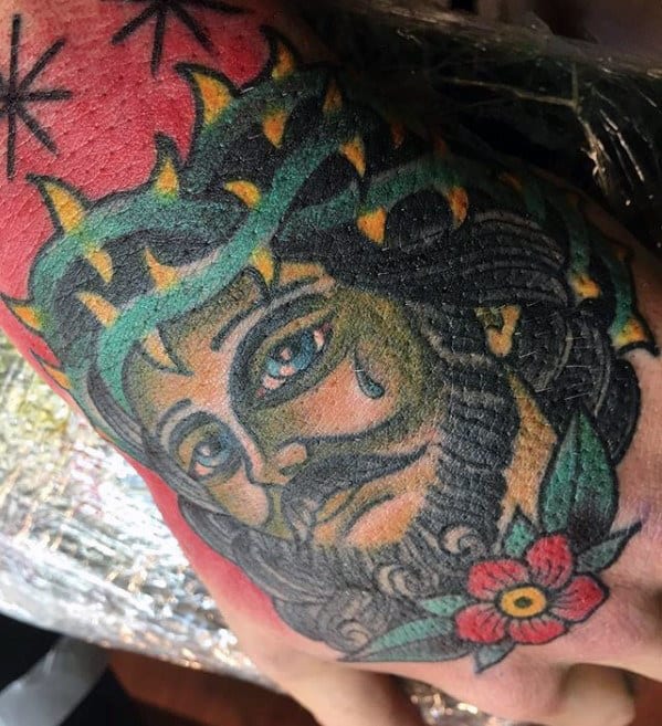 Cool Traditional Jesus Male Hand Tattoo