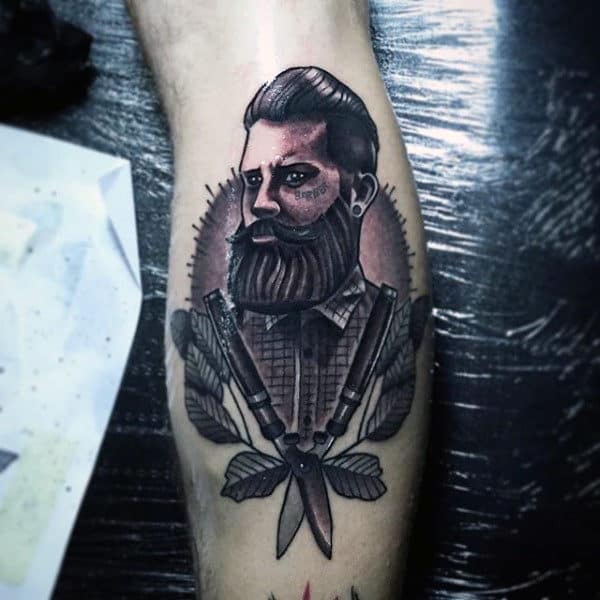 Cool Traditional Mens Barber Tattoo On Leg Calf In Black Ink