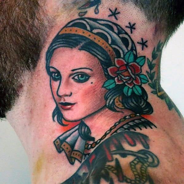 Cool Traditional Neck Female Portrait Guys Tattoo Ideas