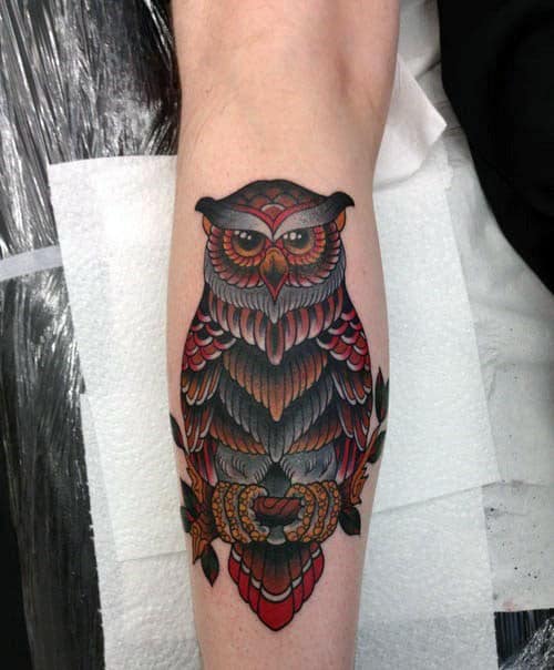 Cool Traditional Owl Leg Calf Tattoo On Man