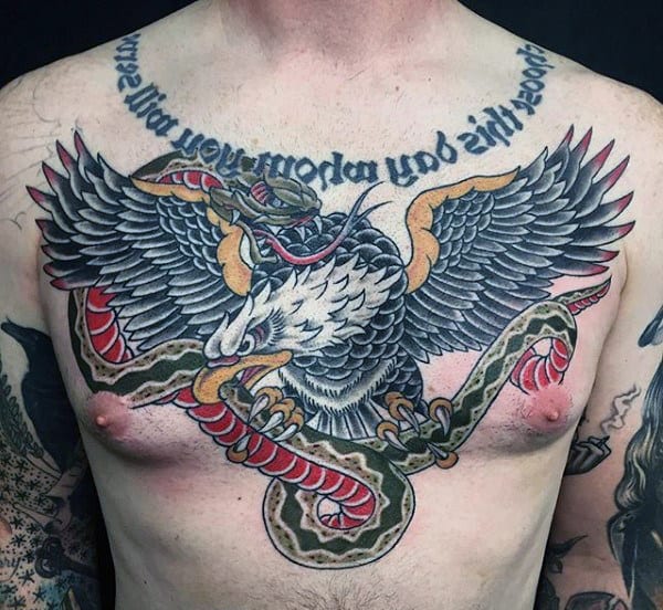 Cool Traditional Snake And Bald Eagle Male Upper Chest Tattoo