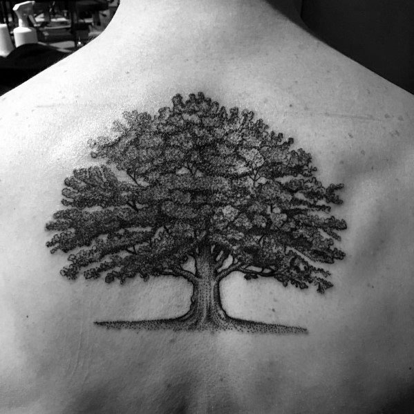 Realistic black and grey back tattoo of a large, detailed tree with sprawling branches and dense foliage, symbolizing strength, growth, and wisdom.
