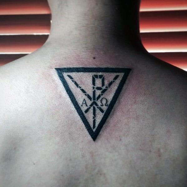 Cool Triangle Male Chi Rho Upper Back Tattoos