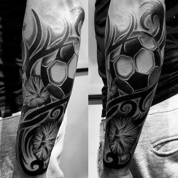 Cool Tribal Black Ink Soccerball Mens Forearm Sleeve Tattoos
