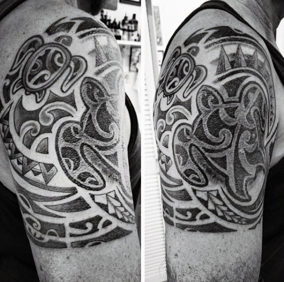 Cool Tribal Hawaiian Guys Quarter Sleeve Tattoo Ideas