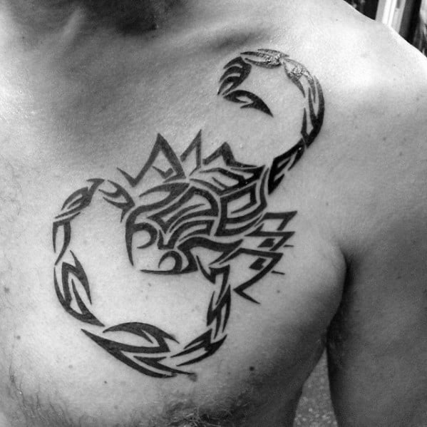 Cool Tribal Scorpion Male Upper Chest Tattoo Designs