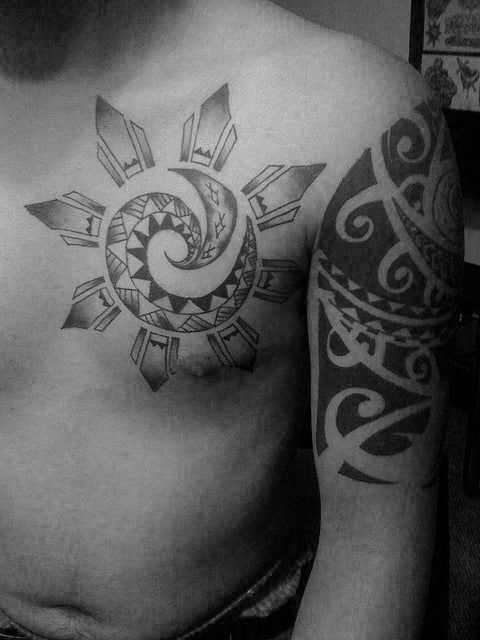 Cool Tribal Sun Chest Tattoos For Gentlemen