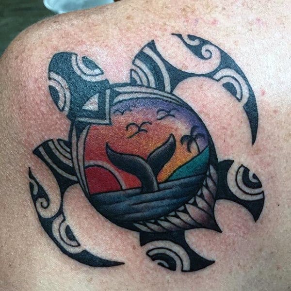 Cool Tribal Sunset Turtle Mens Shoulder Tattoos