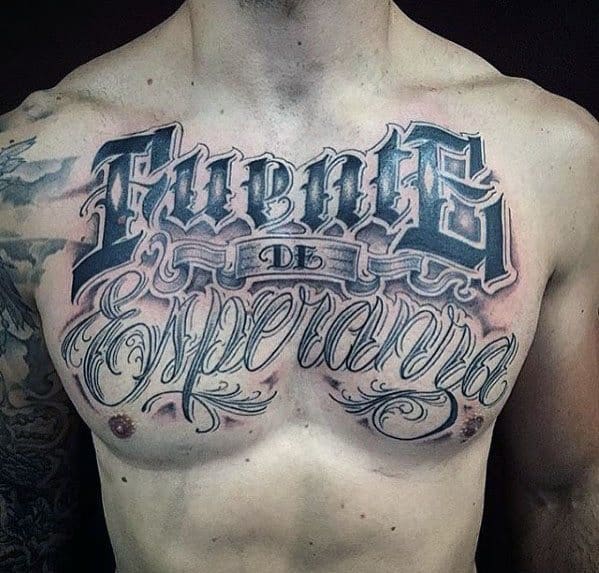 Cool Typography Tattoo Design Ideas For Male Upper Chest