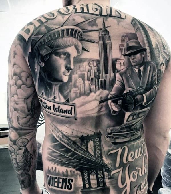 Cool Unbelievable Mens Brooklyn New York Themed Back Tattoo