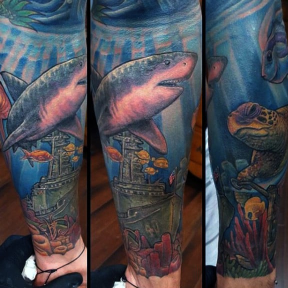 Cool Underwater Forearm Sleeve Sunken Ship Navy Tattoo On Man