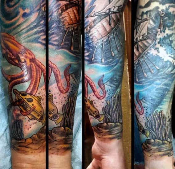 Cool Unerwater Themed Tattoo Of Squid And Diving Boat Sleeve