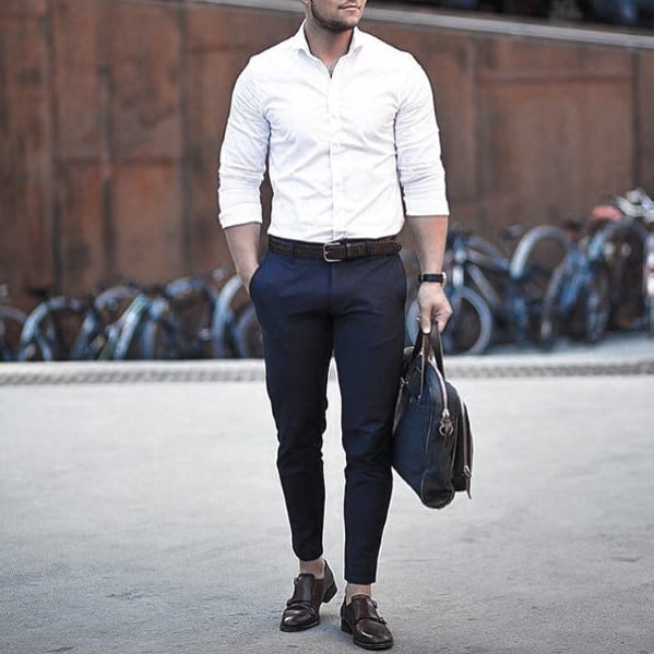 Cool Unique Business Casual Outfits Styles For Men White Dress Shirt Navy Pants Brown Shoes