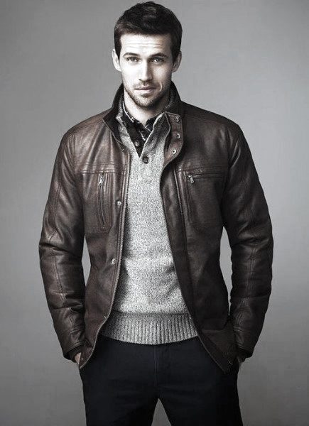 Cool Unique Fall Outfits Styles For Men Brown Leather Jacket With Grey Sweater
