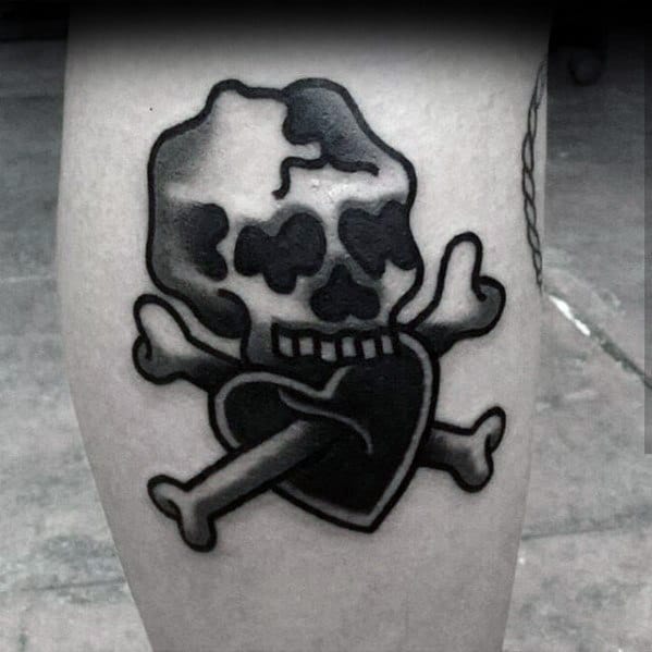 Cool Unique Skull With Crossbones And Heart Mens Traditional Leg Tattoo