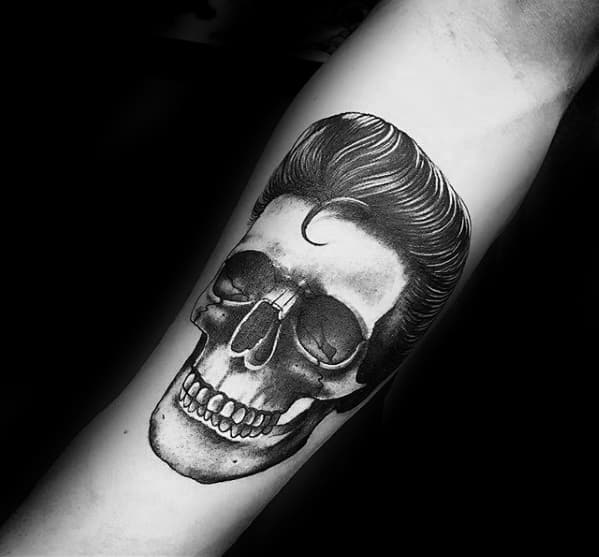Cool Unique Skull With Greaser Hair Mens 3d Inner Forearm Tattoos
