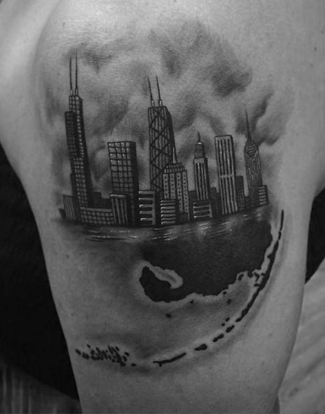 Cool Upper Arm Chicago Skyline Tattoo For Guys