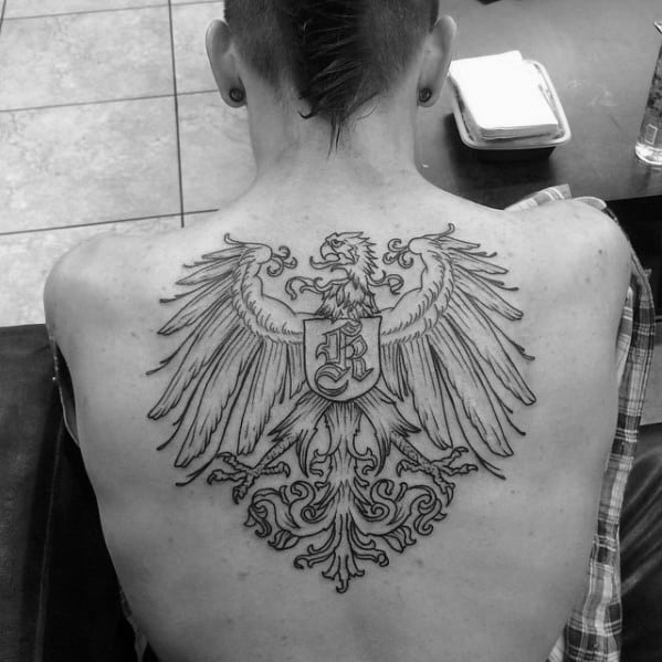 Cool Upper Back Black Ink Outline Male German Eagle Tattoo