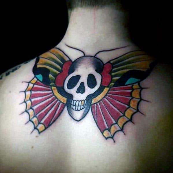 Cool Upper Back Mens Traditional Moth Skull Tattoos