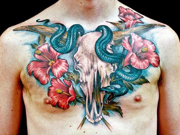 Cool Upper Chest Bull Snake With Snake Male Tattoos