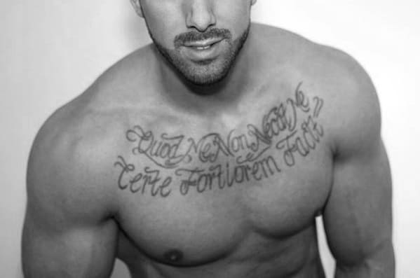 Cool Upper Chest Script Latin Tattoo Design Ideas For Male