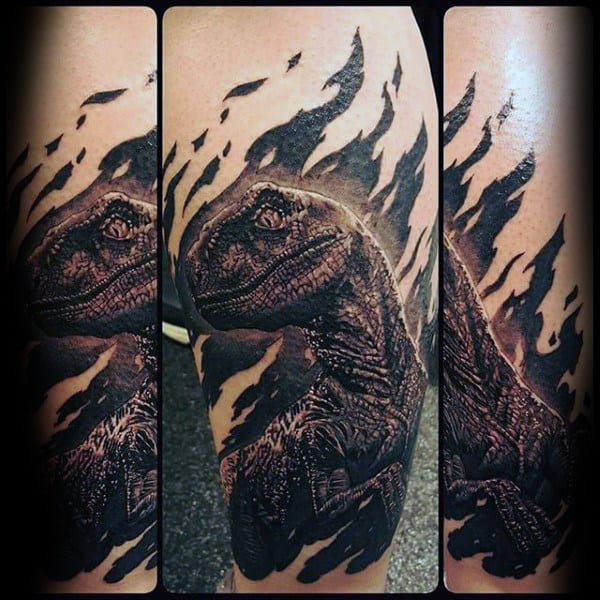 Cool Velociraptor Guys Leg Tattoo With Realistic Design