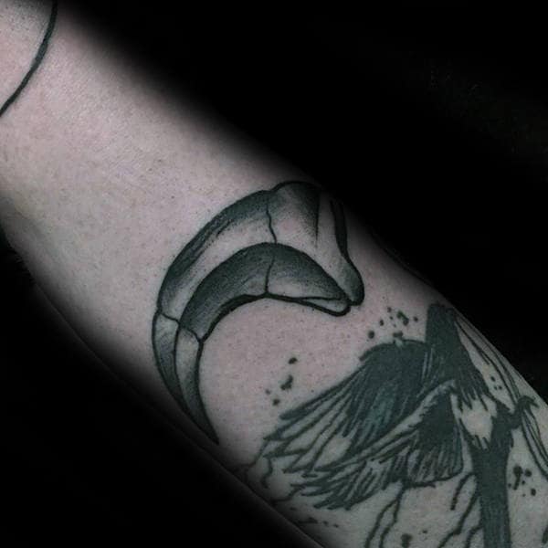 Cool Velociraptor Tooth Mens Forearm Tattoo