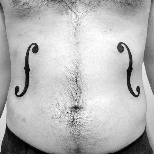 Symmetrical tattoo of violin f-holes on each side of the torso, mimicking the body of a string instrument with bold black ink.