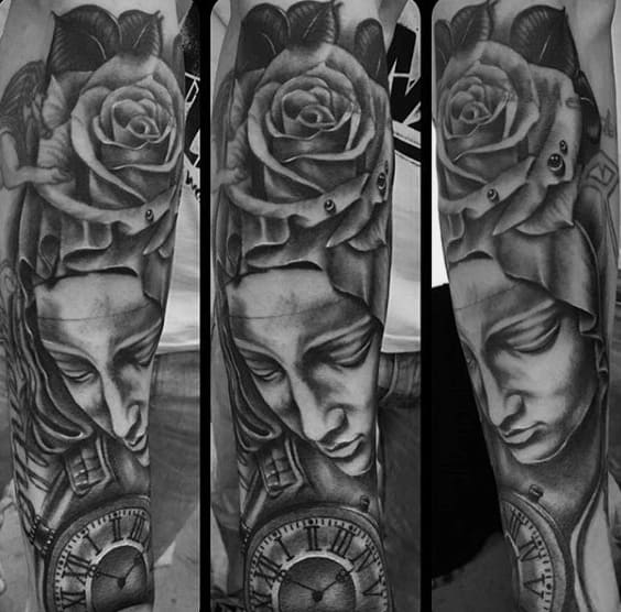 Cool Virgin Mary Pocket Watch And Rose Flower Mens Sleeve Tattoos