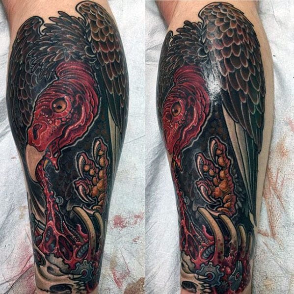 Cool Vulture Eating Mens Leg Tattoo Designs