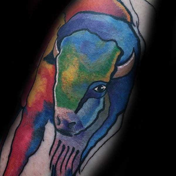 Cool Watercolor Bison Mens Arm Tattoo