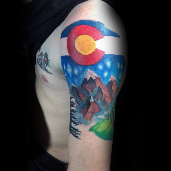 Cool Watercolor Colorado Tattoo On Man Half Sleeve Design