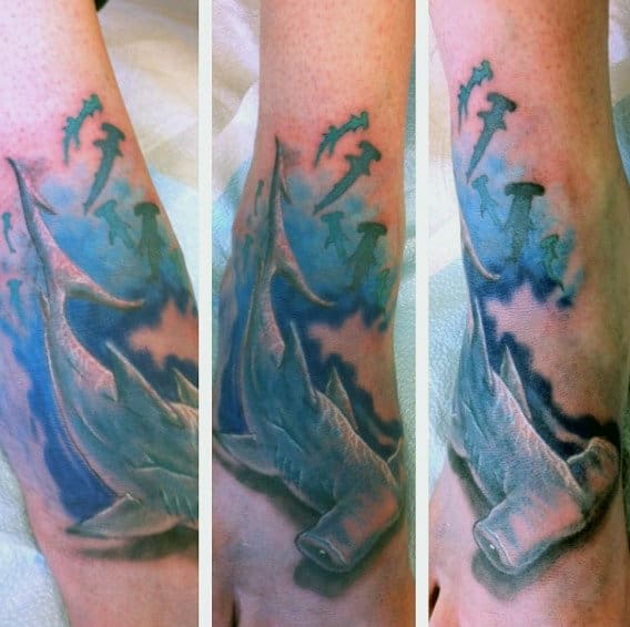 Cool Watercolor Hammerhead Shark Foot Tattoos For Guys